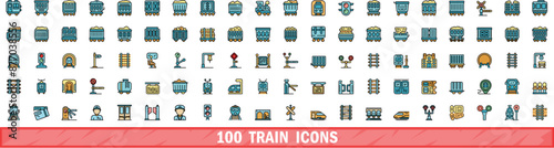 100 train icons set. Color line set of train vector icons thin line color flat on white
