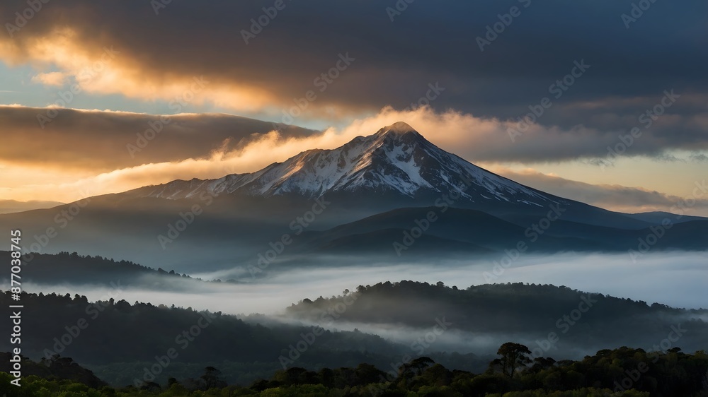 Fototapeta premium a misty mountain in the early morning with the first