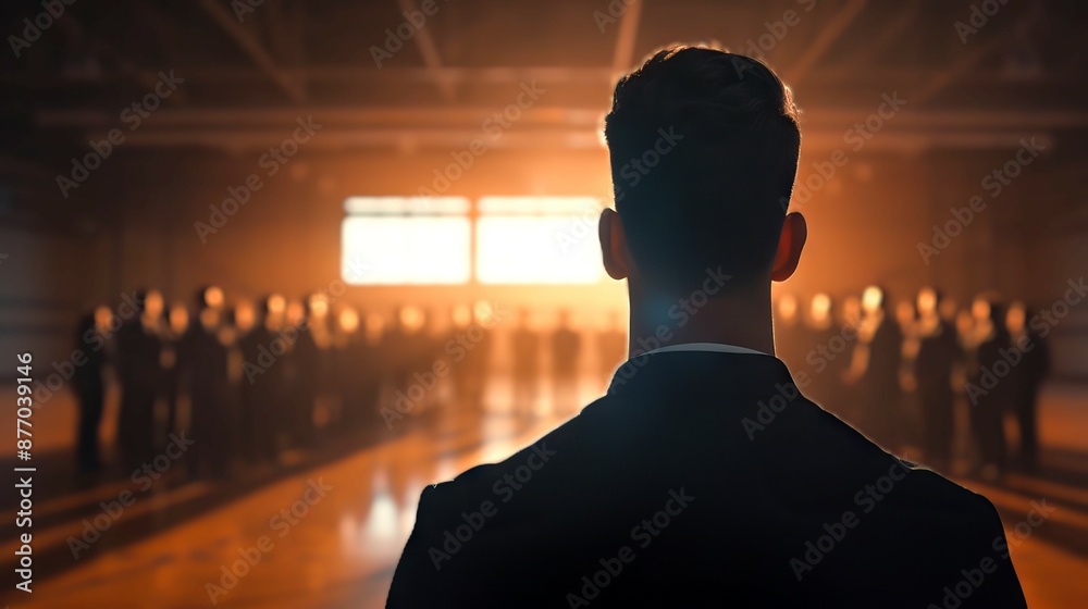 A silhouette of a man in a suit standing in front of a group of people in a spacious room with sunlight streaming through large windows. A silhouette of a man in a suit standing in front of a group of people in a spacious room with sunlight streaming through large windows.