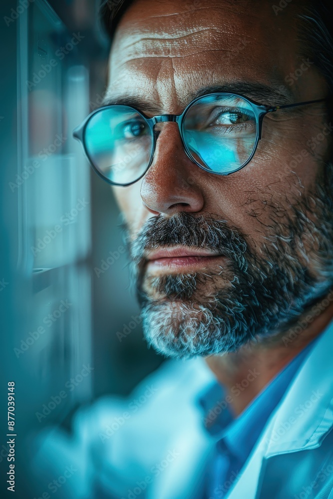 Intense close-up of a mature man with glasses and a beard, captured in a thoughtful moment with a blue-tinted background. Intense close-up of a mature man with glasses and a beard, captured in a thoughtful moment with a blue-tinted background.