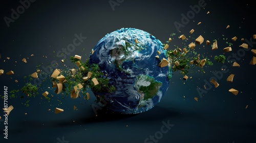 A stunning visualization of Earth shattering into fragments, highlighting the breakage of flora and terrain pieces, symbolizing environmental impact and natural disasters. photo
