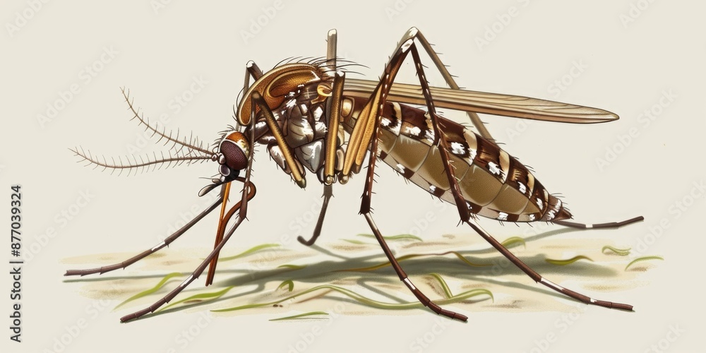 A close-up view of a mosquito on a plain white surface, ideal for use in medical or scientific illustrations A close-up view of a mosquito on a plain white surface, ideal for use in medical or scientific illustrations