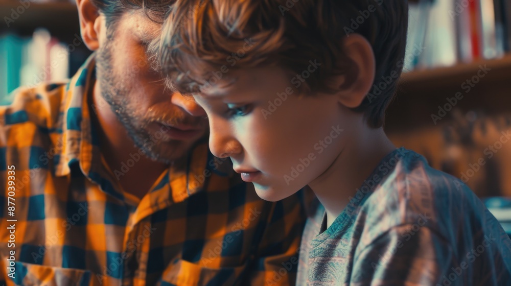 A man and a young boy examining a cell phone together A man and a young boy examining a cell phone together