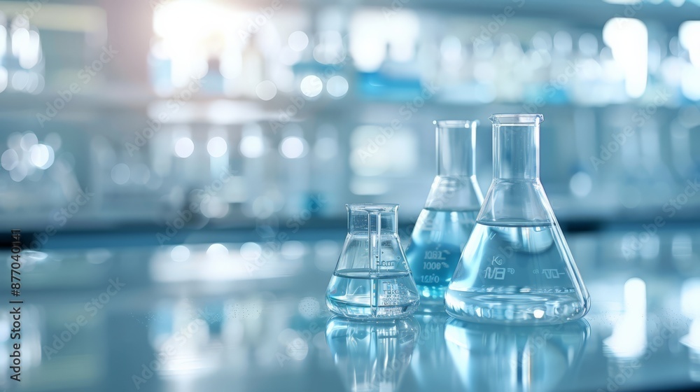 Laboratory flasks filled with blue liquid on a reflective surface in a bright laboratory. Concept of science, healthcare, and medical research. Laboratory flasks filled with blue liquid on a reflective surface in a bright laboratory. Concept of science, healthcare, and medical research.
