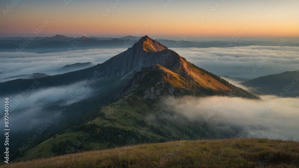 a misty mountain in the early morning with the first a misty mountain in the early morning with the first