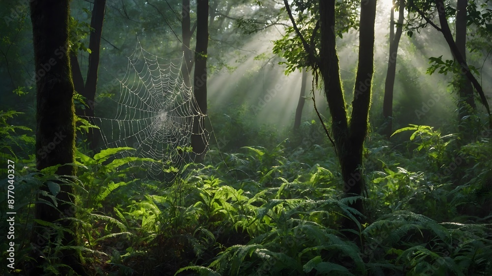 A misty morning in a lush, green forest with dew-covered spider webs glistening in the sunlight A misty morning in a lush, green forest with dew-covered spider webs glistening in the sunlight