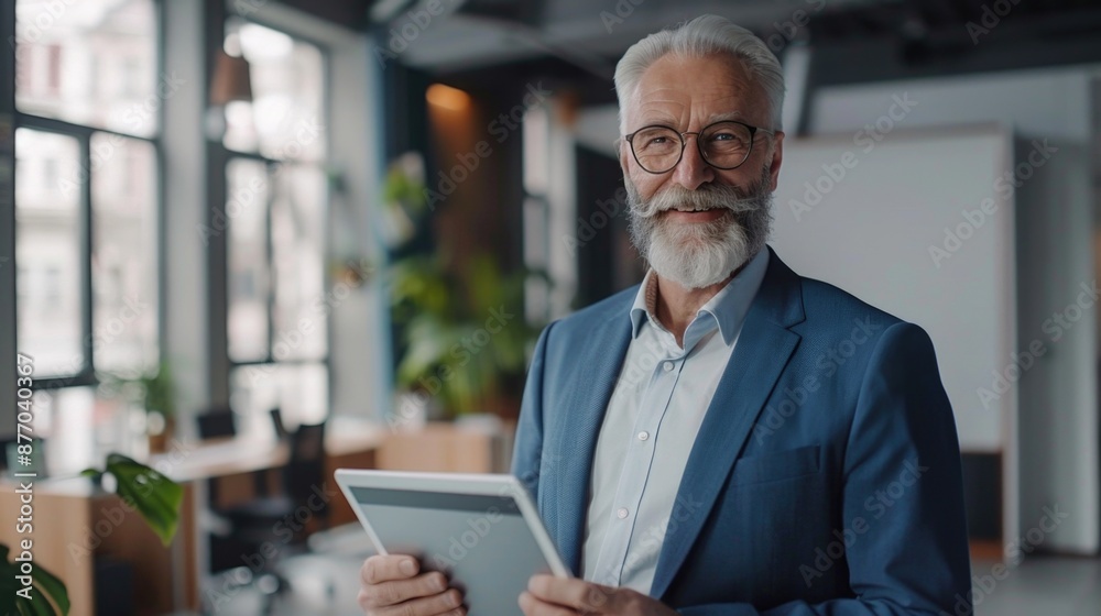 A businessman holding a tablet in a meeting or conference setting A businessman holding a tablet in a meeting or conference setting