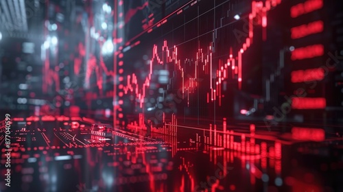 A vibrant digital stock market chart displaying red graphs and data points, set in a modern financial trading environment.