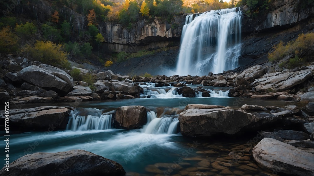 Fototapeta premium A breathtaking waterfall cascading down a rugged cliff into a pool surrounded by rocks and trees
