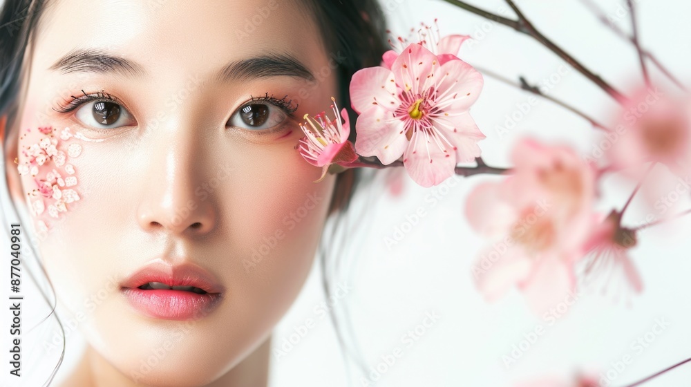 A close-up shot of a woman's face with flowers and foliage covering her skin A close-up shot of a woman's face with flowers and foliage covering her skin