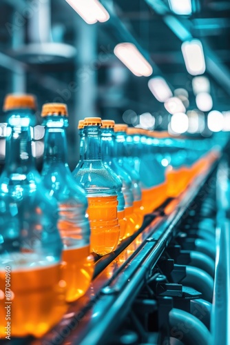 A conveyor belt transporting bottles of orange liquid, suitable for use in beverage or manufacturing settings