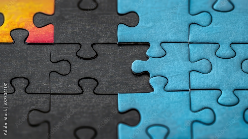 A closer view of puzzle pieces showing gaps for missing parts, with a mix of blue and dark-colored pieces, symbolizing the challenge of solving and the quest for unity. A closer view of puzzle pieces showing gaps for missing parts, with a mix of blue and dark-colored pieces, symbolizing the challenge of solving and the quest for unity.
