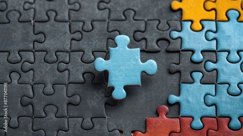 A single blue puzzle piece lies on a board with several parts missing, contrasting against the dark background, symbolizing the final step towards completion and resolve. photo