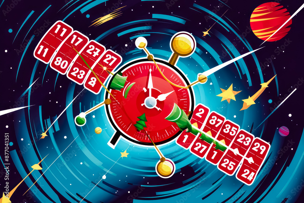 Christmas countdown begins. New Years Eve alarm clock. Traditional wintertime midnight countdown future beginning symbol souvenir.Clock in branches of New Year's fir. Second hand moves in circle of