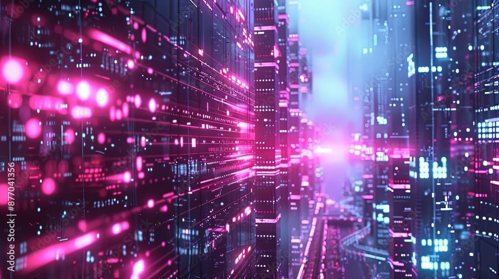 Obraz premium A cityscape with a pink glow and a lot of dots