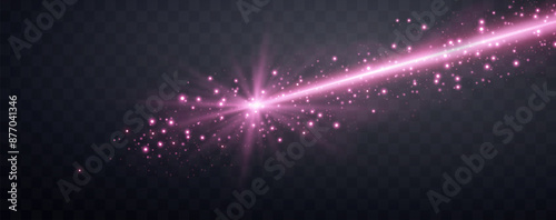 Pink horizontal laser beam. Neon line, presentation pointer. Pink glow flare light effect. Vector illustration. Isolated on dark transparent background.