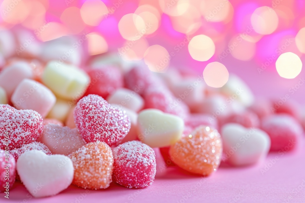 A pile of pink and white candies on a pink surface, perfect for decoration or photography props A pile of pink and white candies on a pink surface, perfect for decoration or photography props