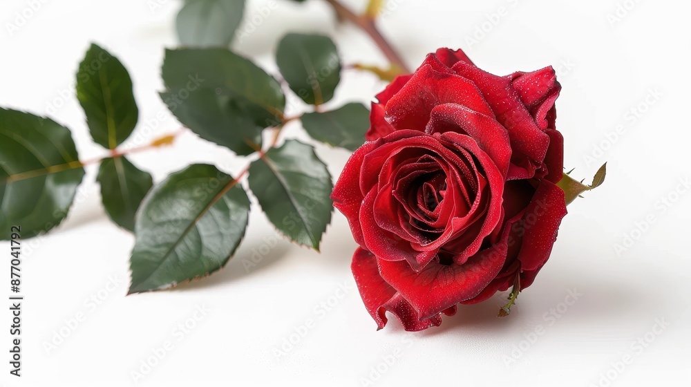 Fototapeta premium A close-up shot of a rich red rose in full bloom, accompanied by vibrant green leaves, showcasing intricate petal details set against a minimalist white backdrop.