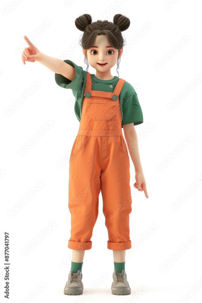 A young girl wearing orange overalls is curious about something, possibly waiting for someone or looking at a toy A young girl wearing orange overalls is curious about something, possibly waiting for someone or looking at a toy