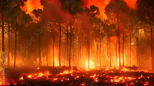 a forest on fire, trees burning in the background with smoke and flames coming out of them photo