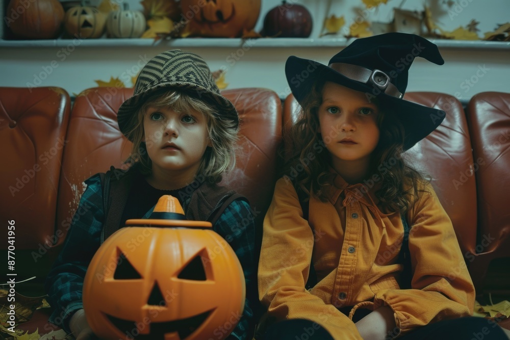 Two kids dressed up in Halloween costumes sitting on a couch, ready for trick-or-treating or Halloween party