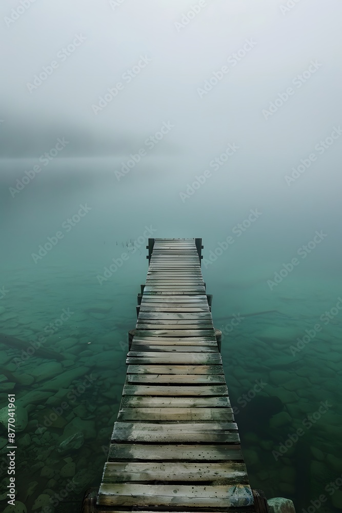 Wooden dock extending into a still, misty lake with a rocky bottom. copy space. Wooden dock extending into a still, misty lake with a rocky bottom. copy space.