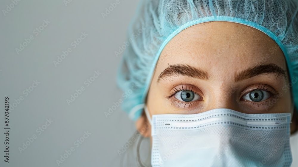 Close-up of a nurse wearing a blue cap and mask. Ideal for healthcare and medical themes such as professionalism. Close-up of a nurse wearing a blue cap and mask. Ideal for healthcare and medical themes such as professionalism.