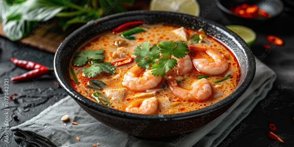 A bowl of warm and savory soup filled with shrimp and mixed vegetables A bowl of warm and savory soup filled with shrimp and mixed vegetables