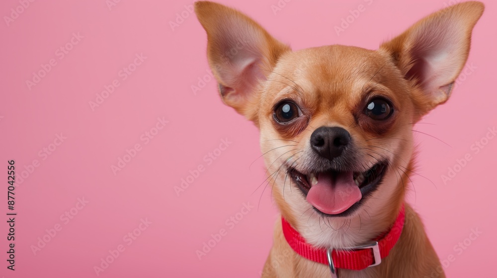 A small brown dog with a red collar is smiling and has its tongue out. The dog is looking directly at the camera A small brown dog with a red collar is smiling and has its tongue out. The dog is looking directly at the camera