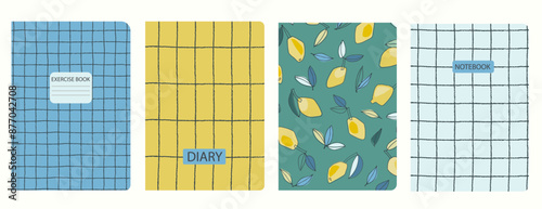 Set of cover page templates with hand drawn lemon. Based on seamless patterns. Headers isolated and replaceable. Perfect for notebooks, notepads, diaries, etc