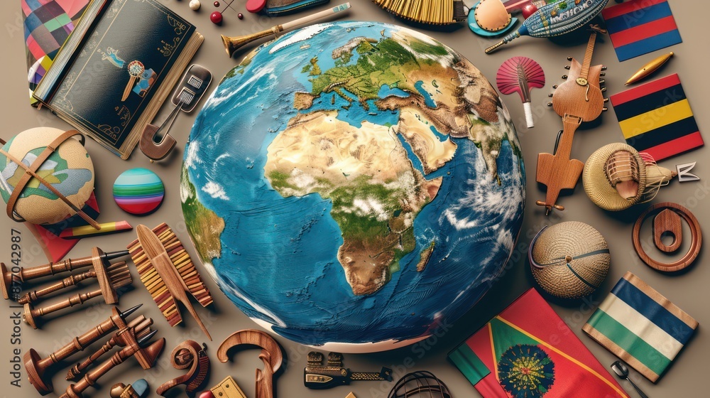 Fototapeta premium The globe is surrounded by symbols, books, art, musical instruments and flags.