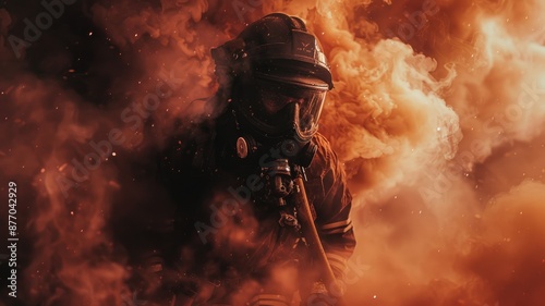 A courageous firefighter in action, facing the heat and flames during a dangerous fire rescue operation. AIG58 photo