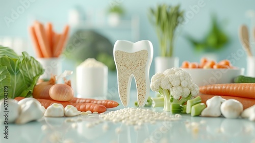 Cutaway view of tooth and jaw showing mineral density, surrounded by calcium-rich foods, macro lens perspective, f/16 for deep focus, 32K detail photo