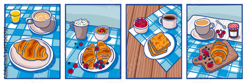 Breakfast table poster design set. French breakfast with coffee and croissants vector illustrations.