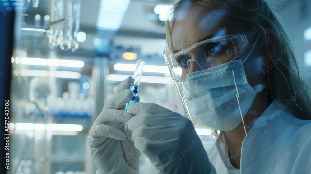 Female scientist examining a test tube in a high-tech laboratory. Scientific research and medical innovation concept. Female scientist examining a test tube in a high-tech laboratory. Scientific research and medical innovation concept.