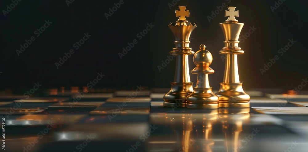 Golden Chess Pieces on Reflective Board Illuminated by Ambient Bokeh Lights - Art of Strategy - Generative AI Golden Chess Pieces on Reflective Board Illuminated by Ambient Bokeh Lights - Art of Strategy - Generative AI
