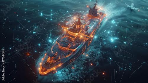 The ship is in the middle of the sea. With an AI-style world in the middle of a large ship.