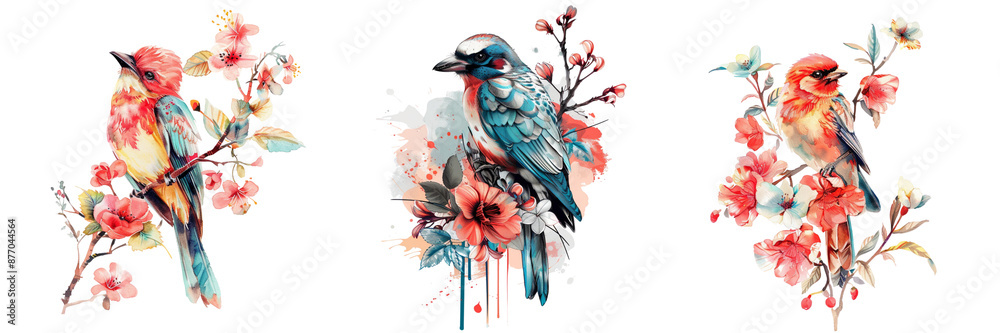 Fototapeta premium Set of A vibrant tropical bird amidst a lush watercolor jungle of exotic flowers and foliage isolated on transparent background
