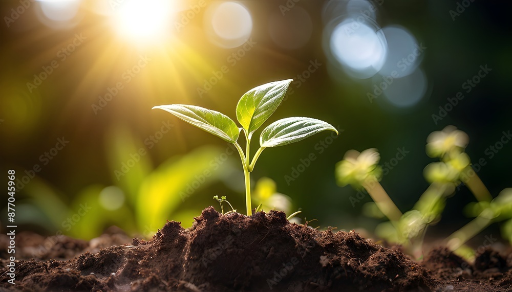 Young green plant sprouting against a vibrant sunlit background in a garden. Generative AI Young green plant sprouting against a vibrant sunlit background in a garden. Generative AI