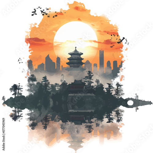 A black and white beijing city, china vector art logo design