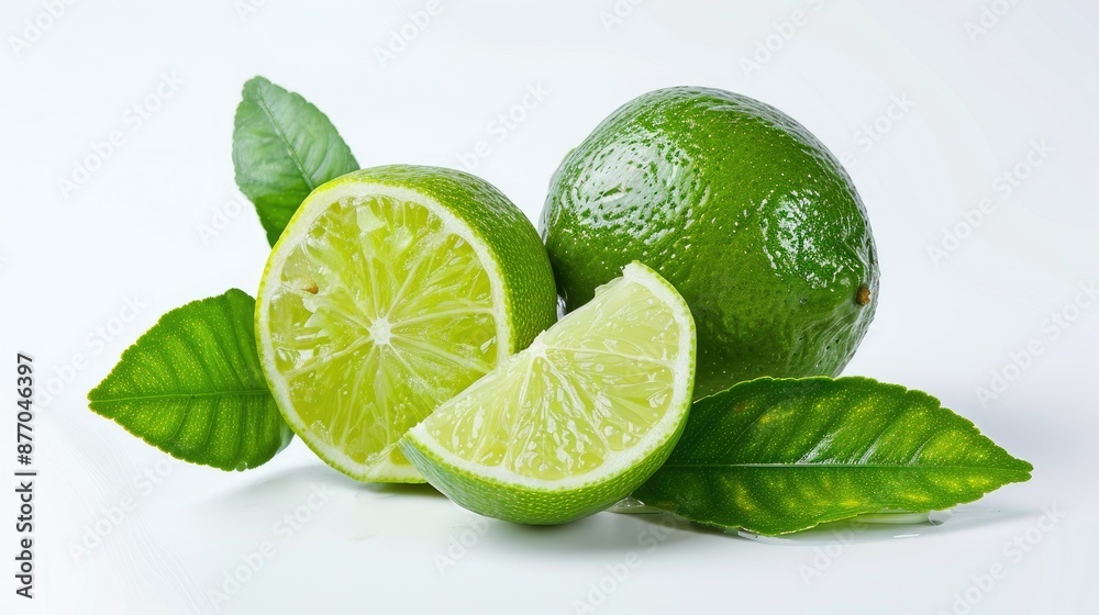 Lime fruit with a green leaf and a cut slice isolated on white Lime fruit with a green leaf and a cut slice isolated on white