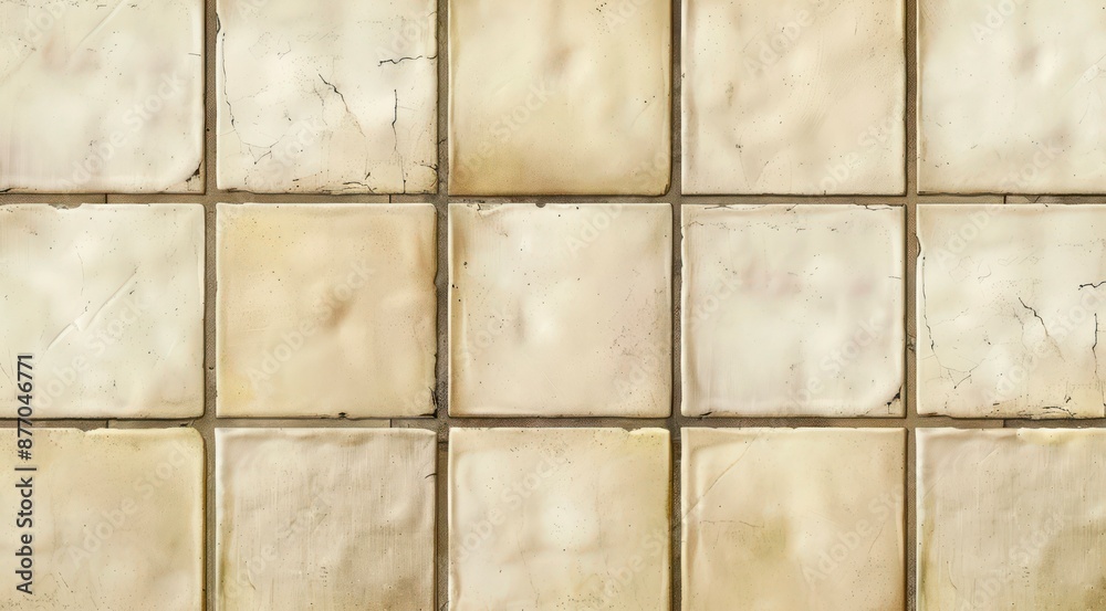 Beige ceramic square tile texture background. Retro design with rough weathered cream tiled wall.