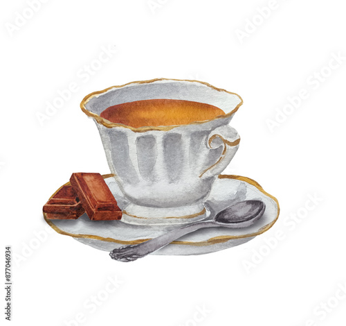 Watercolor breakfast tea time. White ceramic cup of tea with saucer, chocolate, spoon.