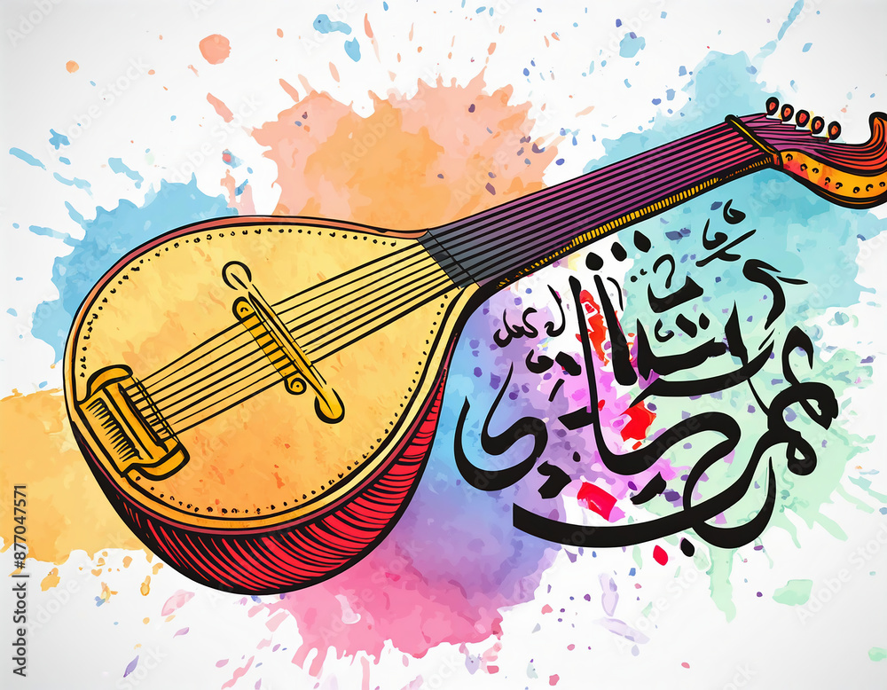 Obraz premium Oriental musical background with oud or mandolin and musical notes with arabic islamic calligraphy symbols. Vector illustration.
