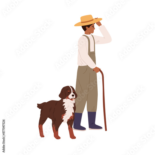 Farmer and pastoral dog. Farm agriculture worker in straw hat with shepherd, country sheepdog. Herdman, sheepman and canine animal, doggy. Flat vector illustration isolated on white background