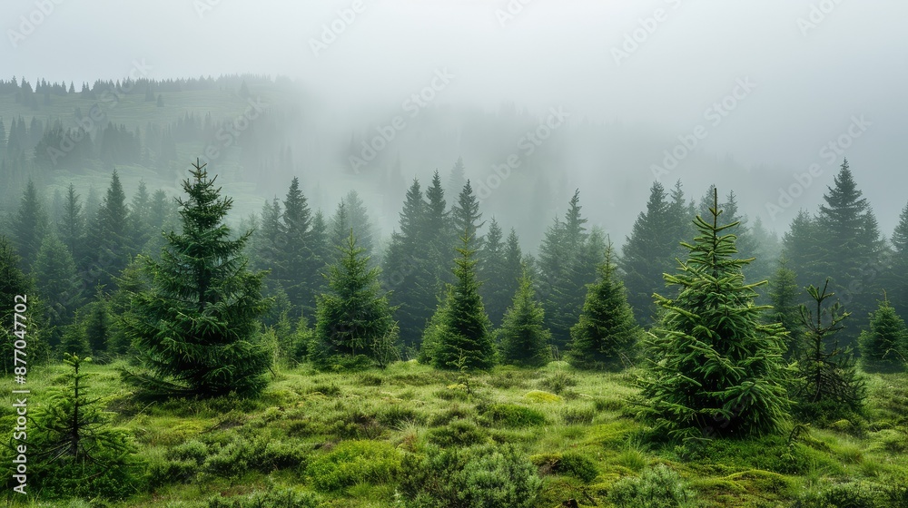 Misty landscape with fir forest Misty landscape with fir forest
