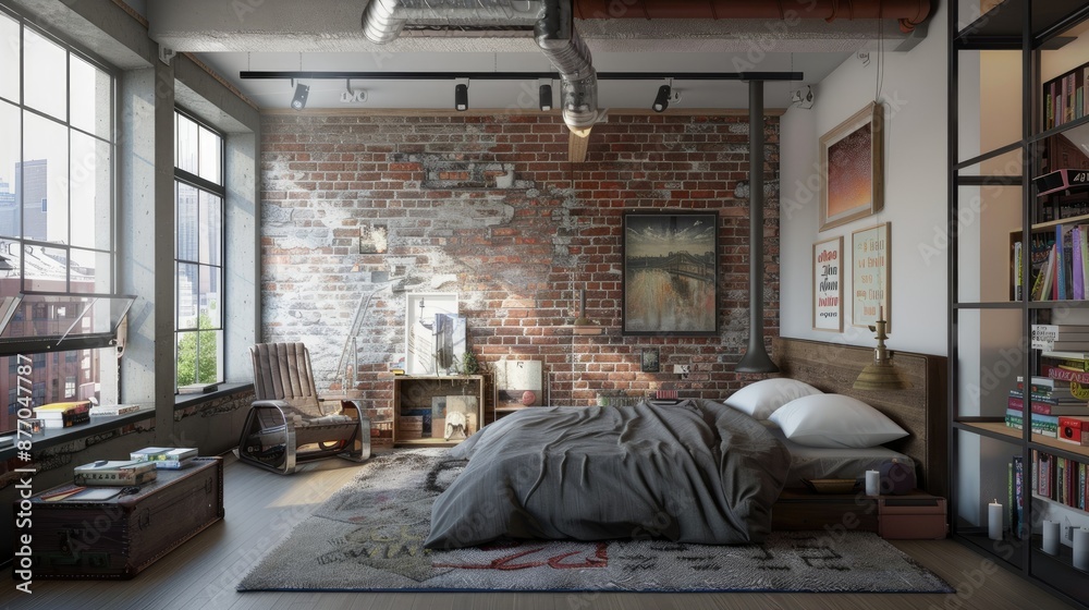 Stylish loft bedroom with exposed brick walls and contemporary furnishings Stylish loft bedroom with exposed brick walls and contemporary furnishings