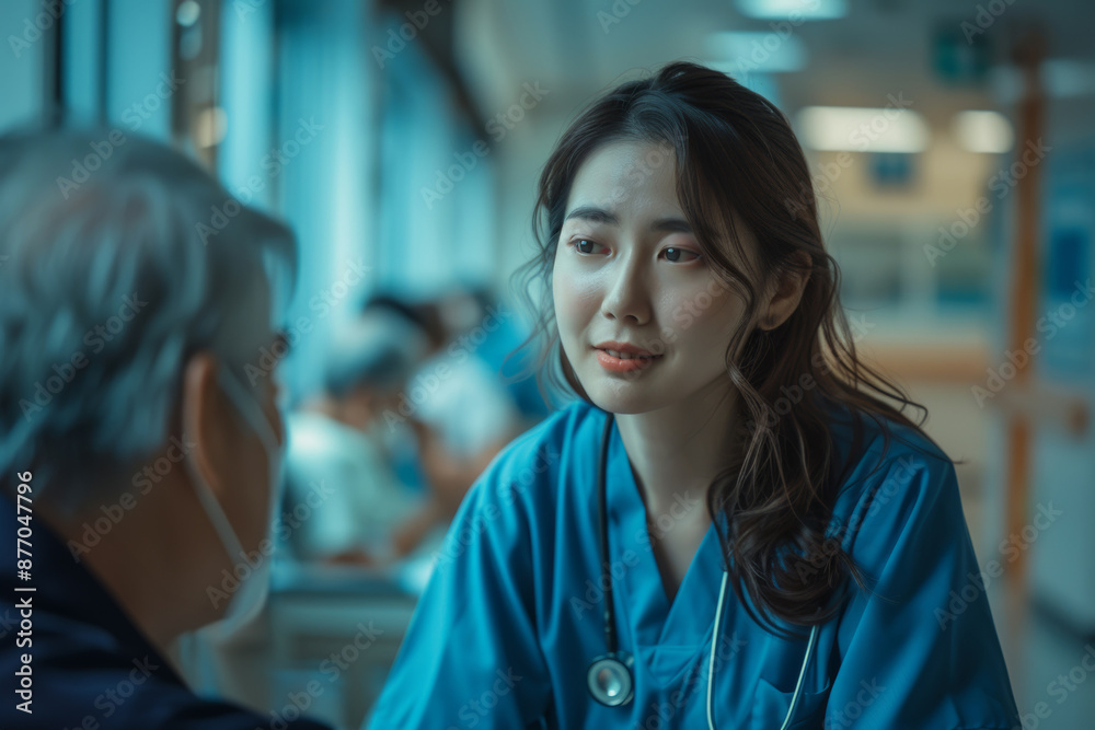 Fototapeta premium Caring nurse in scrubs warmly interacts with an elderly patient in hospital hallway