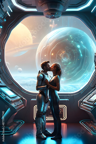 Astronauts Kiss in the Space Sci-Fi