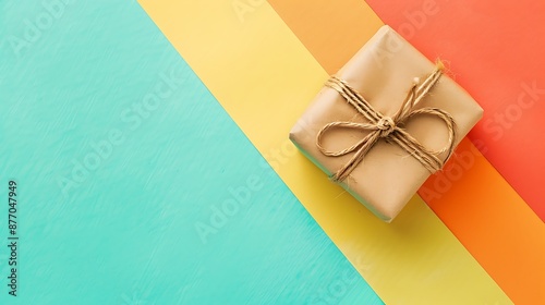 Small present in recicled craft paper isolated on colorful background photo